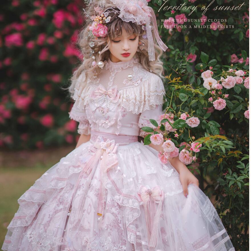 プリンセスロリィタ ドレス セットアップ 刺繍ベルト ペンダント リボン ベール ハット