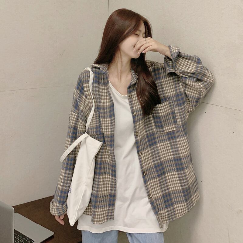 格子柄シャツ ジャケット スプリングオータムスタンダードスタイル長袖スリーブトップス ロング レトロ 春物 秋物 試着室88943799527