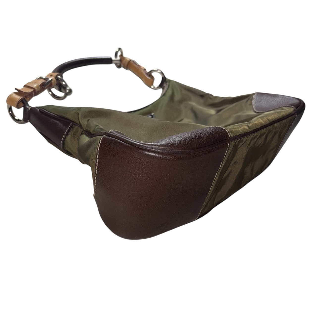 PRADA khaki nylon one shoulder bag with leather strap