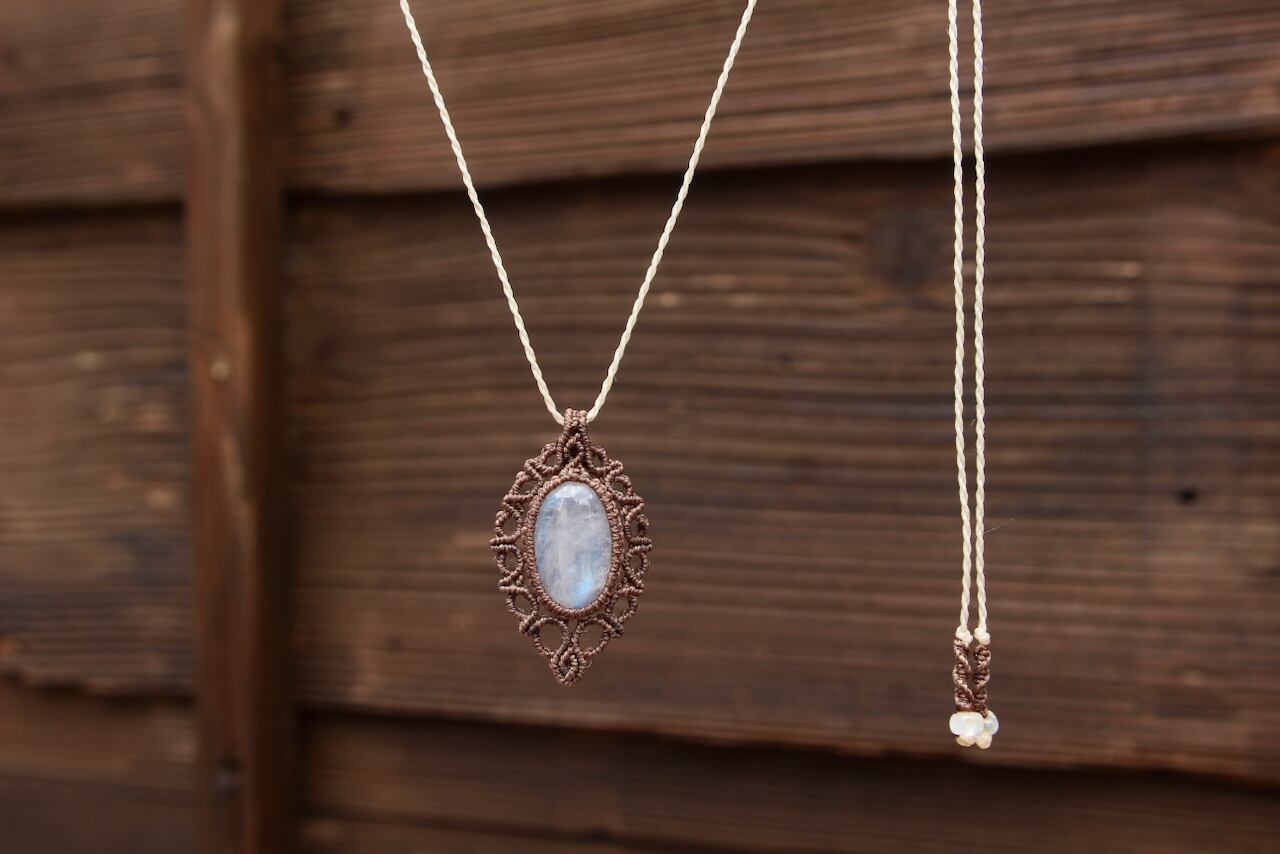 Rainbow moonstone micro macrame pendant