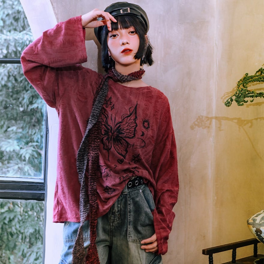 サブカル 地雷系ファッション 古怪舎 中華風 ダメージ加工シャツ |天使と悪魔