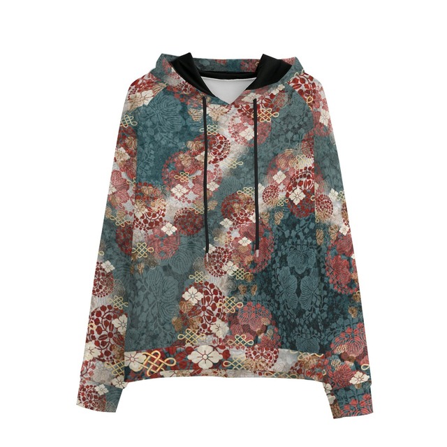 和紋様装飾　御召茶　和柄　ユニセックスパーカー　ラグランスリーブ