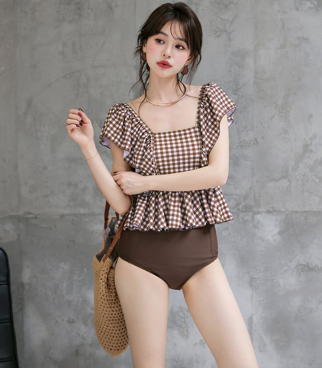 メール便】ギンガムチェック ペプラムフリル ビキニ 2点 水着
