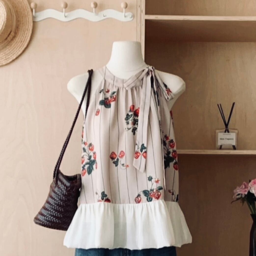 ストロベリーストライプ  ネックリボン ノースリーブトップス 00368