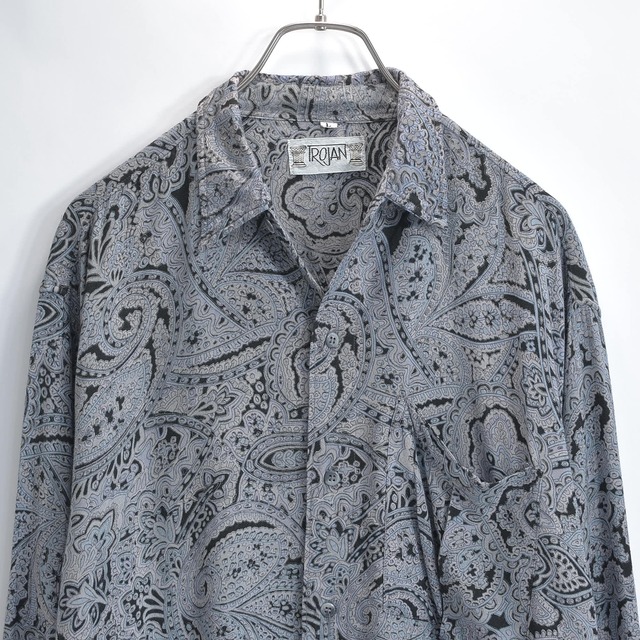90s MADE IN INDIA TROJAN トロジャン ペイズリー 総柄 プリントデザイン レーヨンシャツ 長袖 ブラック グレー ヴィンテージ ビンテージ 古着 メンズLサイズ