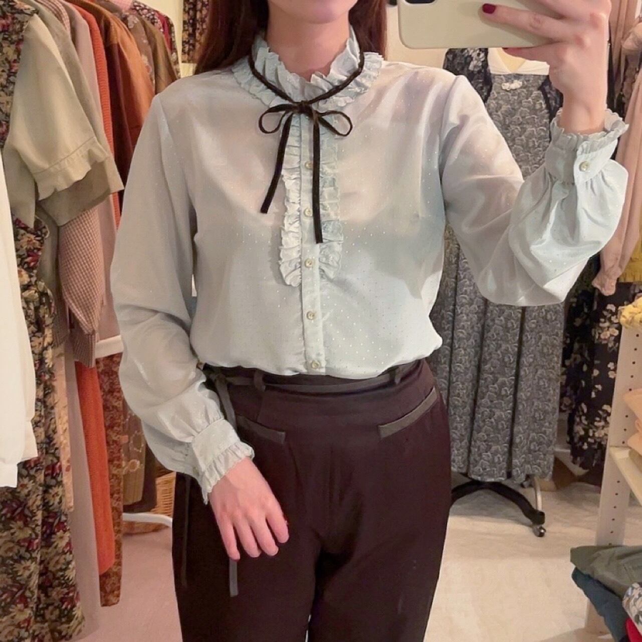 mint green velours ribbon blouse