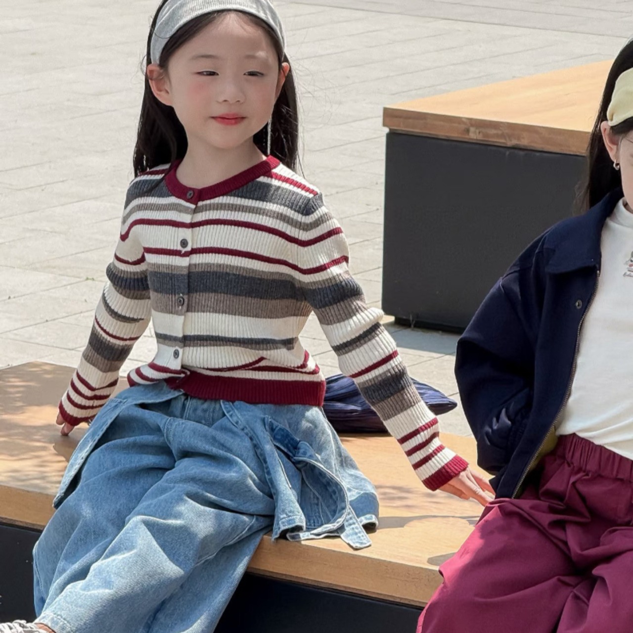 秋韓国風ボーダーカーディガン