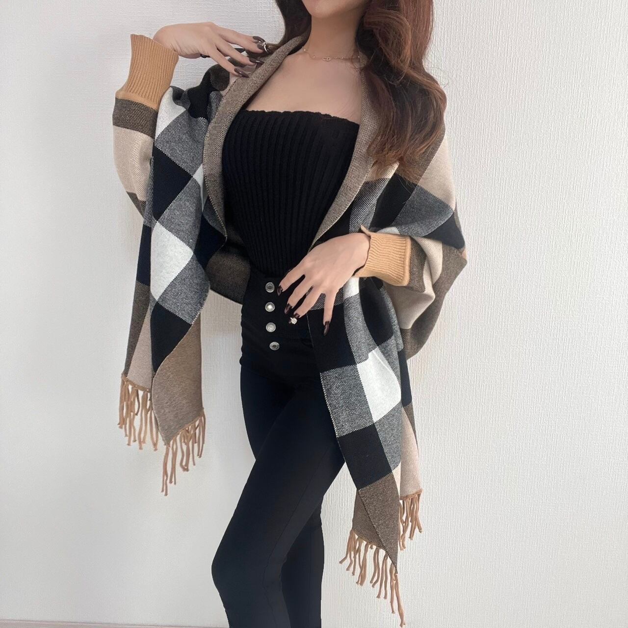 NOFATGIRL チェック柄ポンチョ