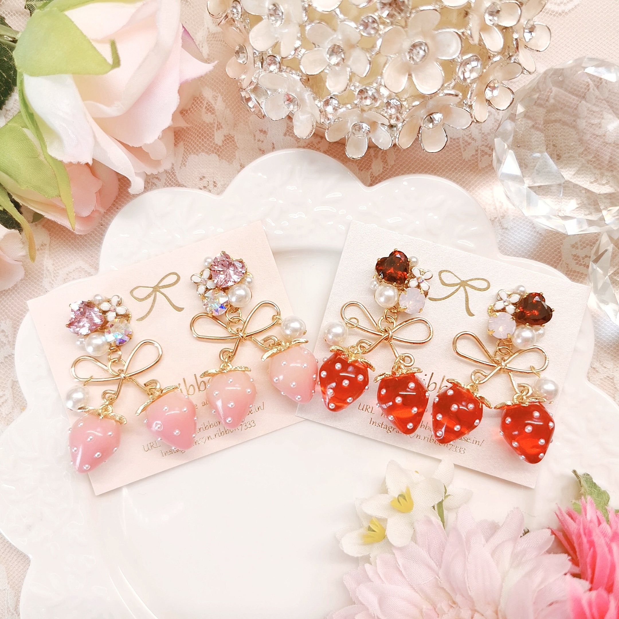 マカロン×strawberry♡ピアス　1830緑のリボンそのままがいいです♡