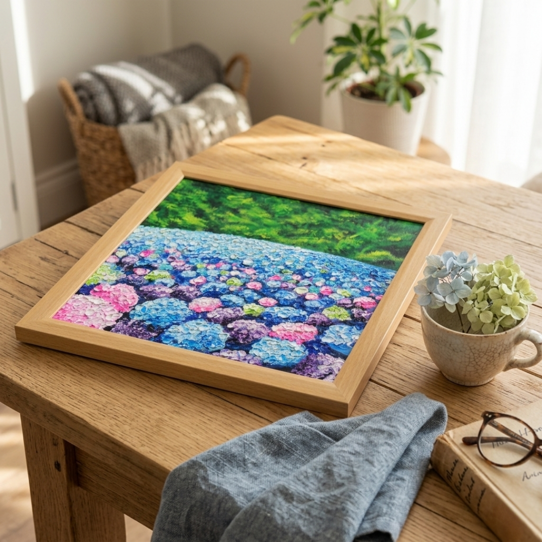 油絵「青と紫の幻想回廊」あじさい 額縁付／絵画 紫陽花 インテリア