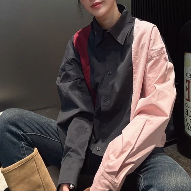 長袖 配色 シャツカラー オーバーサイズ シャツ R30128