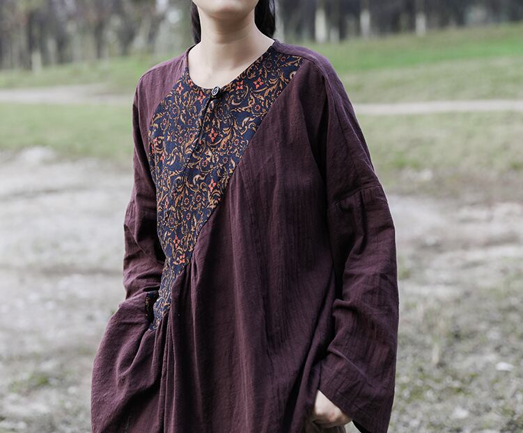 ラウンドネックスタイルルーズプルオーバー Tシャツ フローラルトップス ロング コットン 花柄 Oネック ステッチ Yiranxuaディースワード70143458352