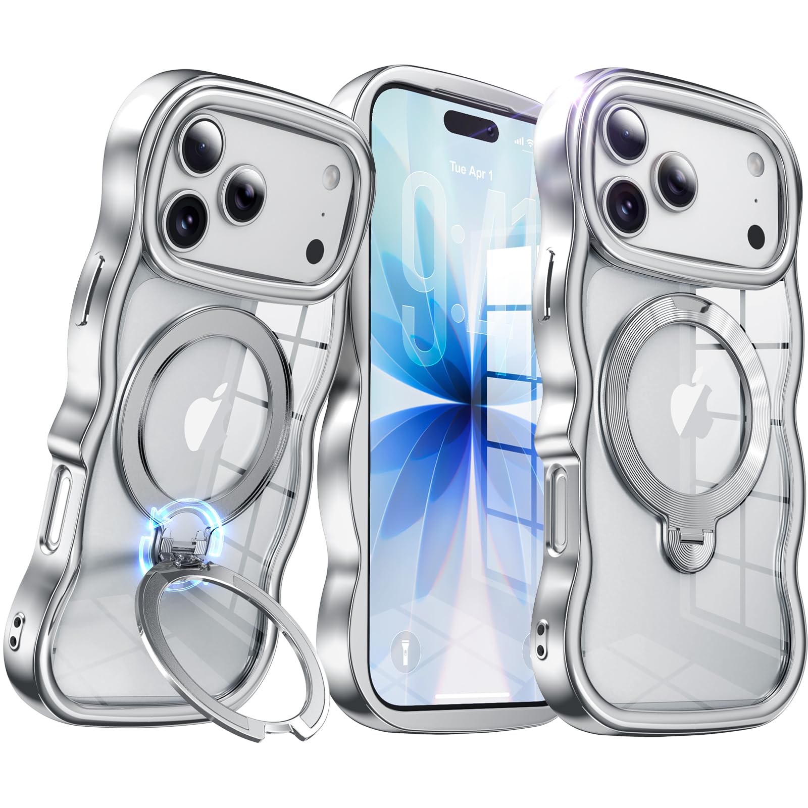 【大波型メッキフレーム・360°回転無制限】 iPhone 17 Pro Max用/iPhone 18 Pro Max 用の ケース アイフォン17プロマックス/18プロマックス【縦横スタンド・Magsafe一体】 角度調整可能 ストラップホール付き耐衝撃黄ばみゼロマグネット吸着ワイヤレス充電対応グリップ感向上 リング薄型軽量透明いPhone17プロマックス/18プロマックス用ケース 6.9インチ