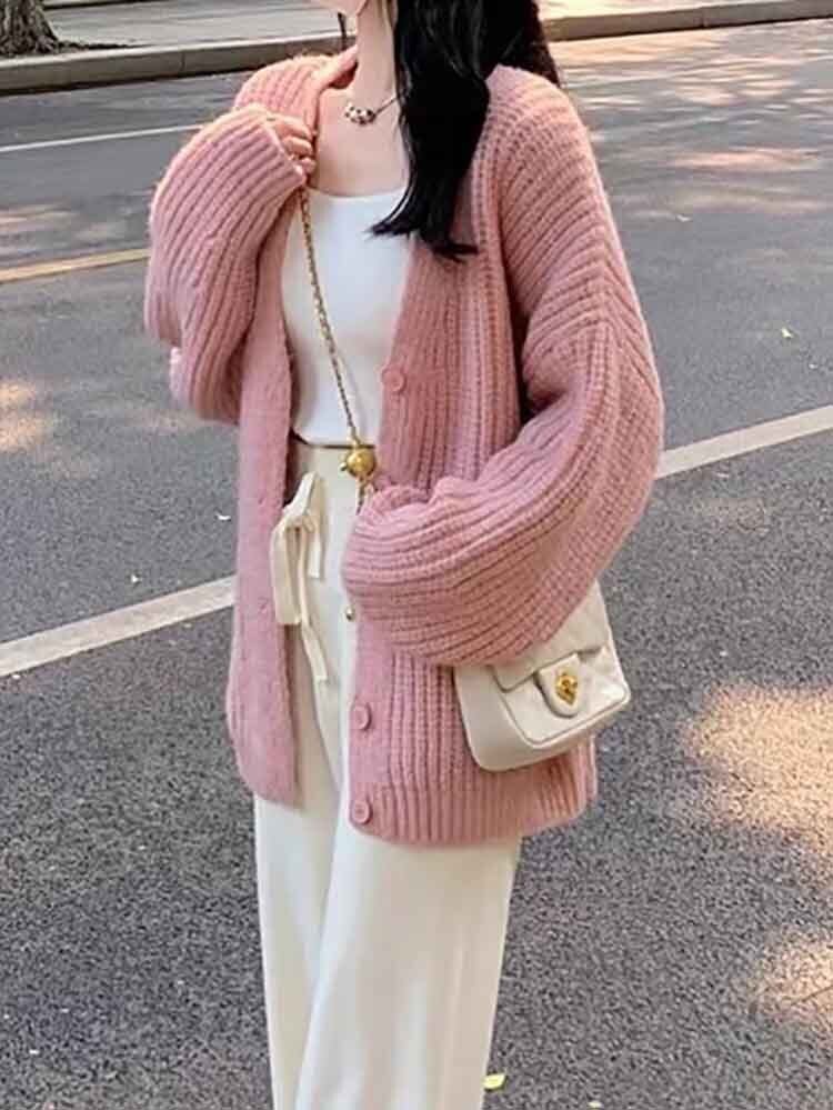 リブニットドロップショルダーVネックカーデ カジュアル かわいい モコモコ ドロップショルダー 大きいサイズ 韓国 CH6321