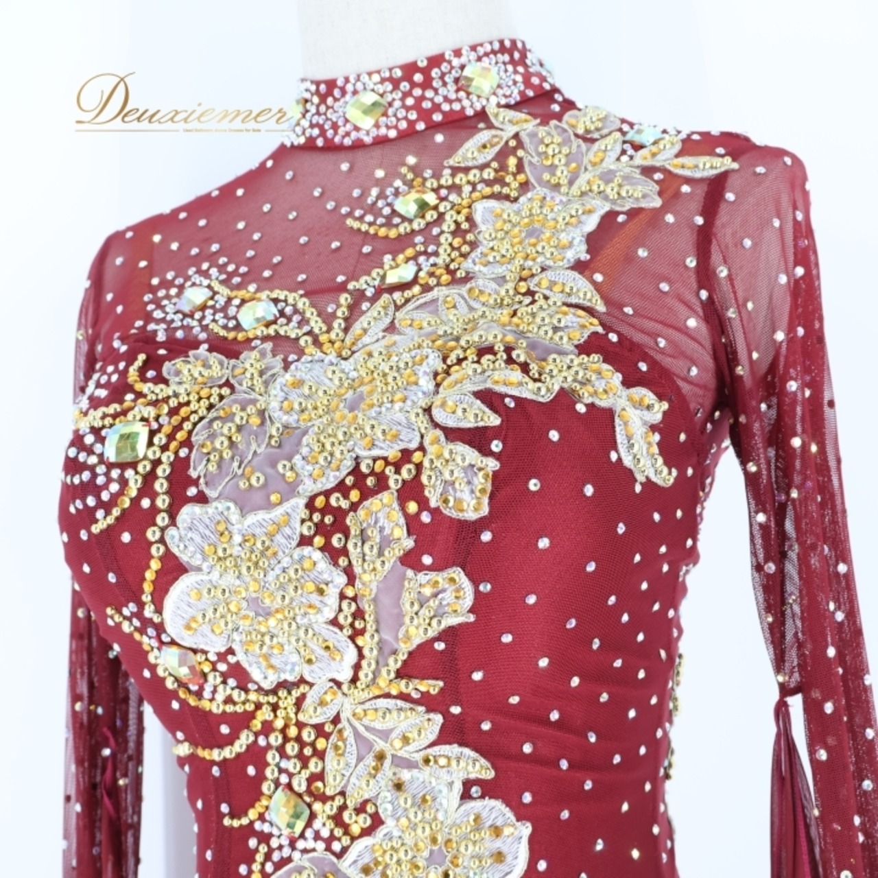 社交ダンス 衣装 スタンダードドレス ワンピース ドレス スタンダード ワインレッド ゴールド 金 赤 デモ 競技 ダンス パーティ 発表会 上品 フロート レース 華やか レッド系 エレガント 輝き 高級感 おしゃれ 美しい フォーマル ステージ コスチューム