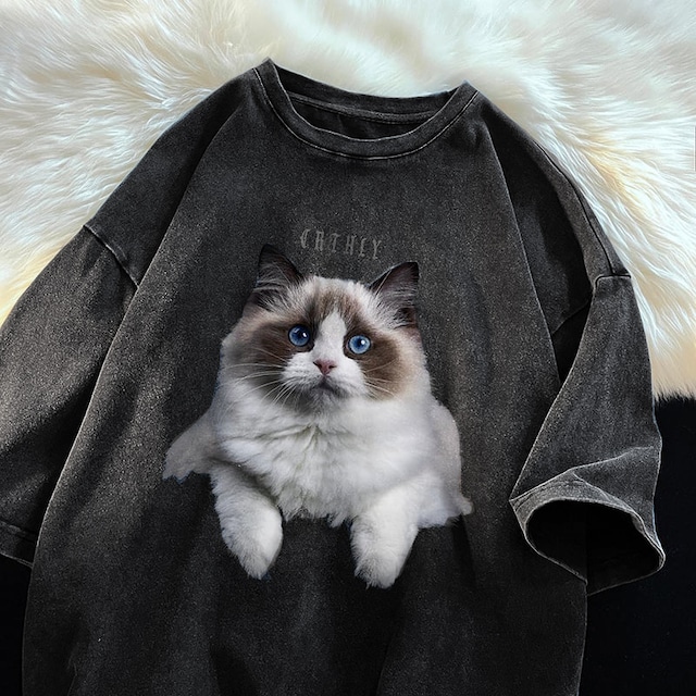 【NANSHIシリーズ】★Tシャツ★ トップス コットン 半袖 猫 ねこ ネコ 男女兼用 メンズ 大きいサイズ レトロ