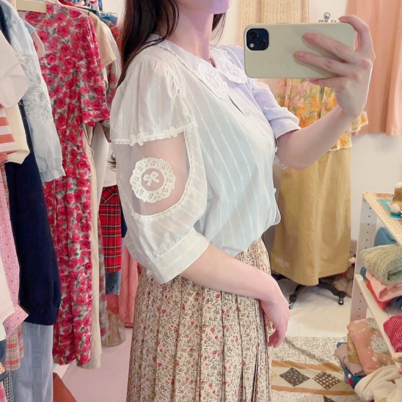 ribbon lace collar stripe blouse
