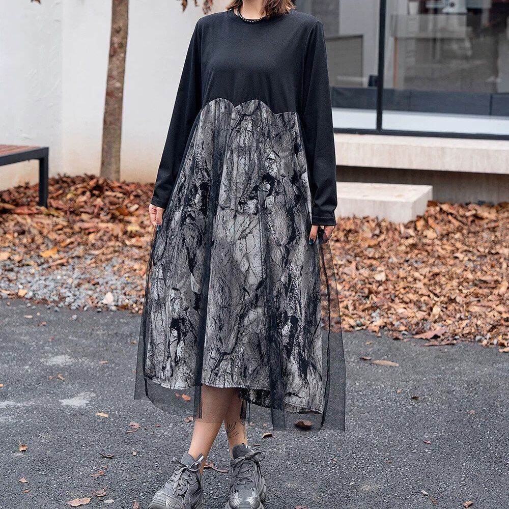 STITCH MESH LAYERED ROUND NECK MIDI PULLOVER DRESS 2colors M-16268