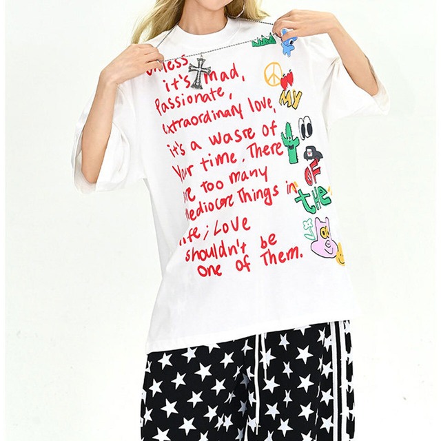 ドローインググラフィックアートワークリラックスTシャツ 2col   R01899