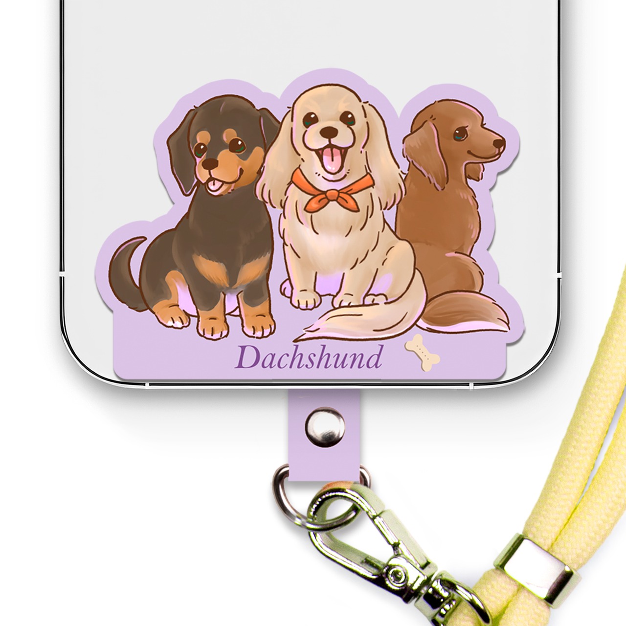 ダックスフンド 【笑顔が楽しく可愛いわんこイラスト】 スマホ ショルダーストラップ ストラップ ホルダー 各種ストラップ対応 シトラスイエロー 丸紐 SE-300Y