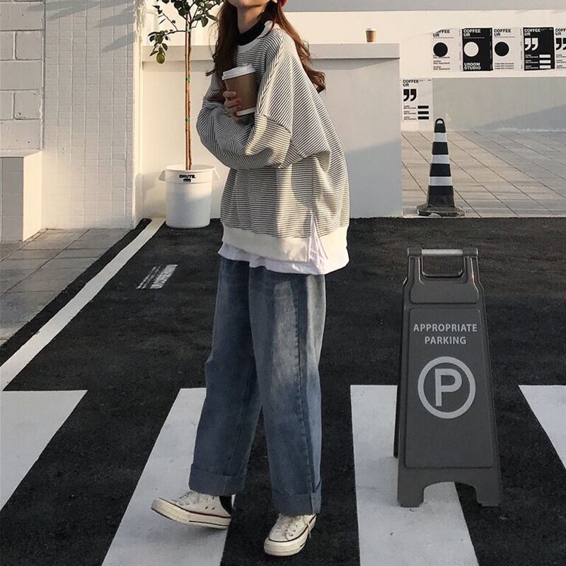 シックなセーターレディース2020年秋冬新作ステッチフェイクツーピースストライプ原宿スタイルルーズプルオーバートップトレンド 萌量不足6603916558
