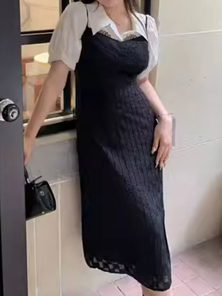 レースとスリットで大人可愛い ミニキャミワンピ ブラック オフィス 大きいサイズ 韓国 CH9172