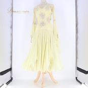 社交ダンス 衣装 スタンダードレス ワンピース ドレス スタンダード 黄色 レース デモ 競技 ダンス パーティ 発表会 綺麗 上品 明るい レモンカラー イエロー系 明るい黄色 フレアスカート 上品デザイン 女性用 ドレススタイル おしゃれ ショーダンスパフォーマンス 競技用衣装