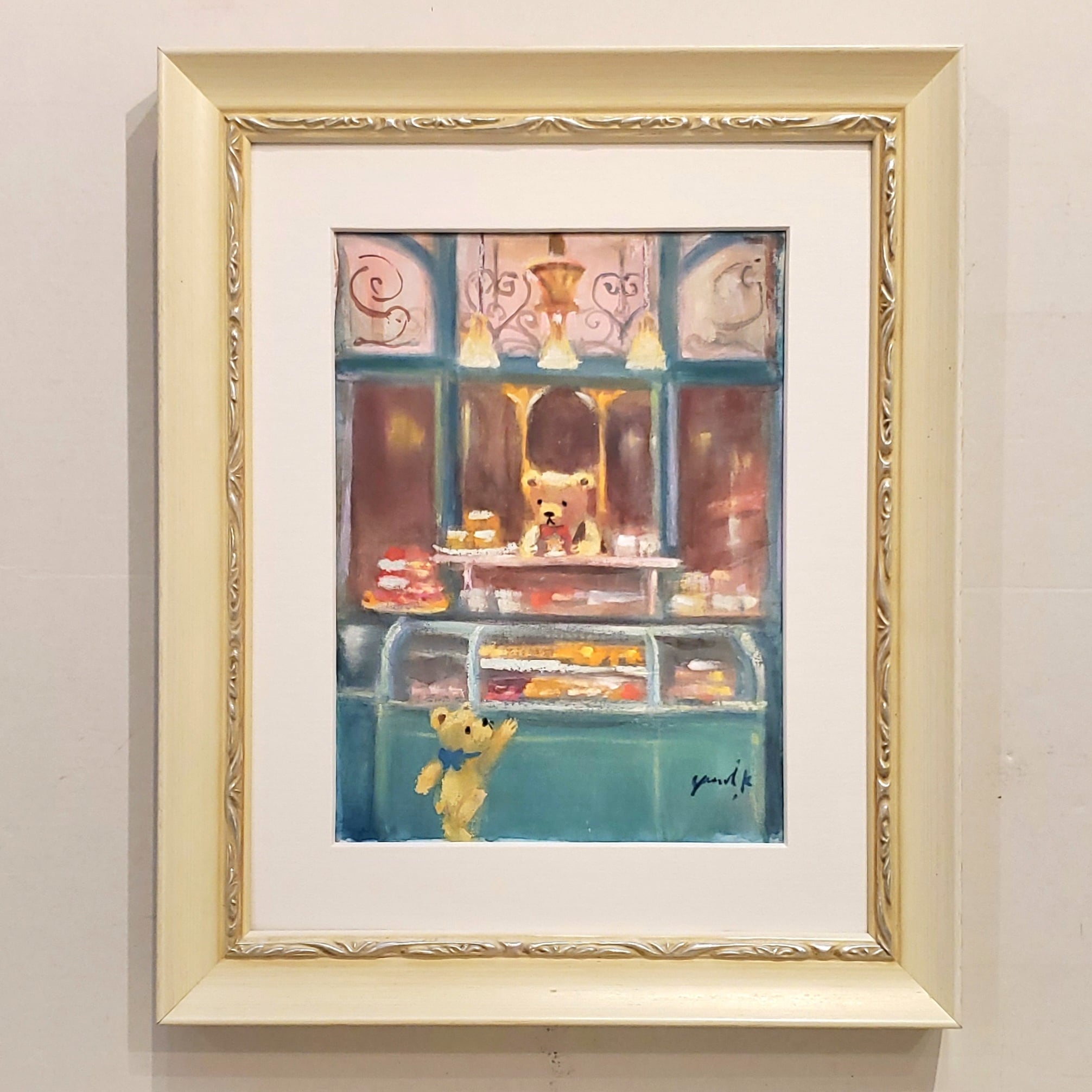 絵画 ｢クマ達のパティスリー｣ 19×14cm 水彩/パステル 額付き 神之浦