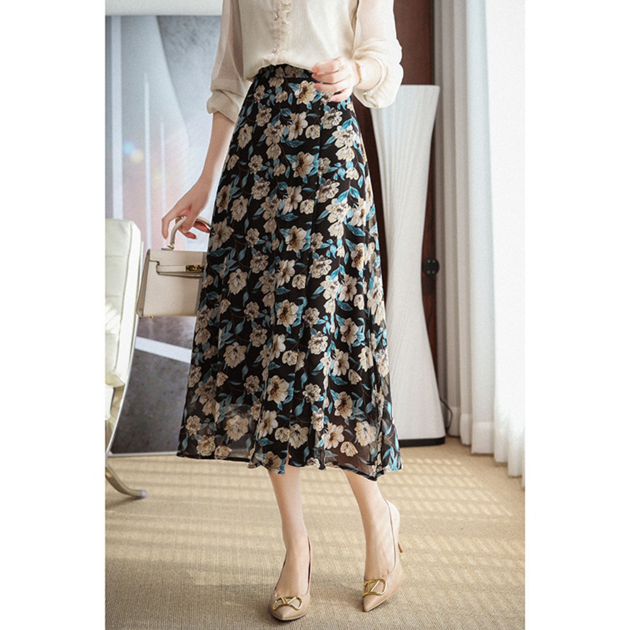 ミドル丈花柄スカート W00223