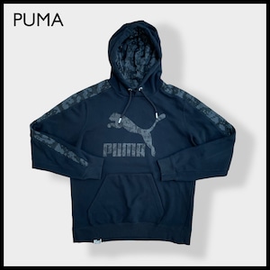 【PUMA】蛇柄 プーマ パーカー ロゴ プリントプルオーバー スウェット フーディー hoodie XL ビッグサイズ 袖 模様 切替 スポブラ 黒 us古着