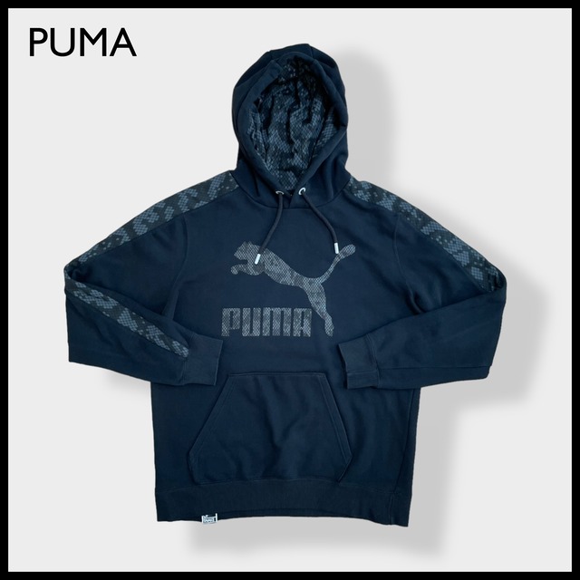 【PUMA】蛇柄 プーマ パーカー ロゴ プリントプルオーバー スウェット フーディー hoodie XL ビッグサイズ 袖 模様 切替 スポブラ 黒 us古着