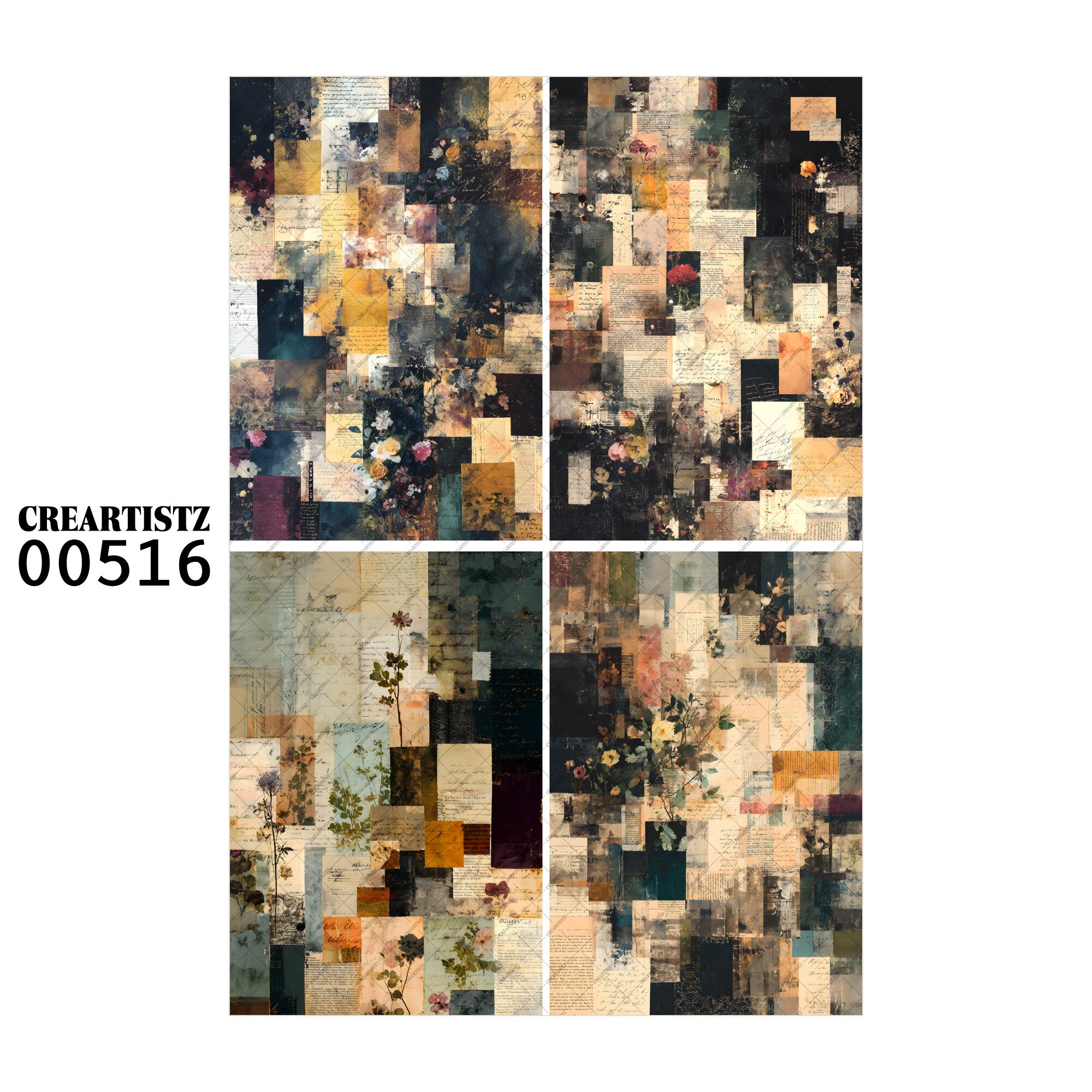 00516 背景 コラージュ素材 オリジナル 12枚セット (4種類×3枚) ペーパー/ステッカー CREARTISTZ