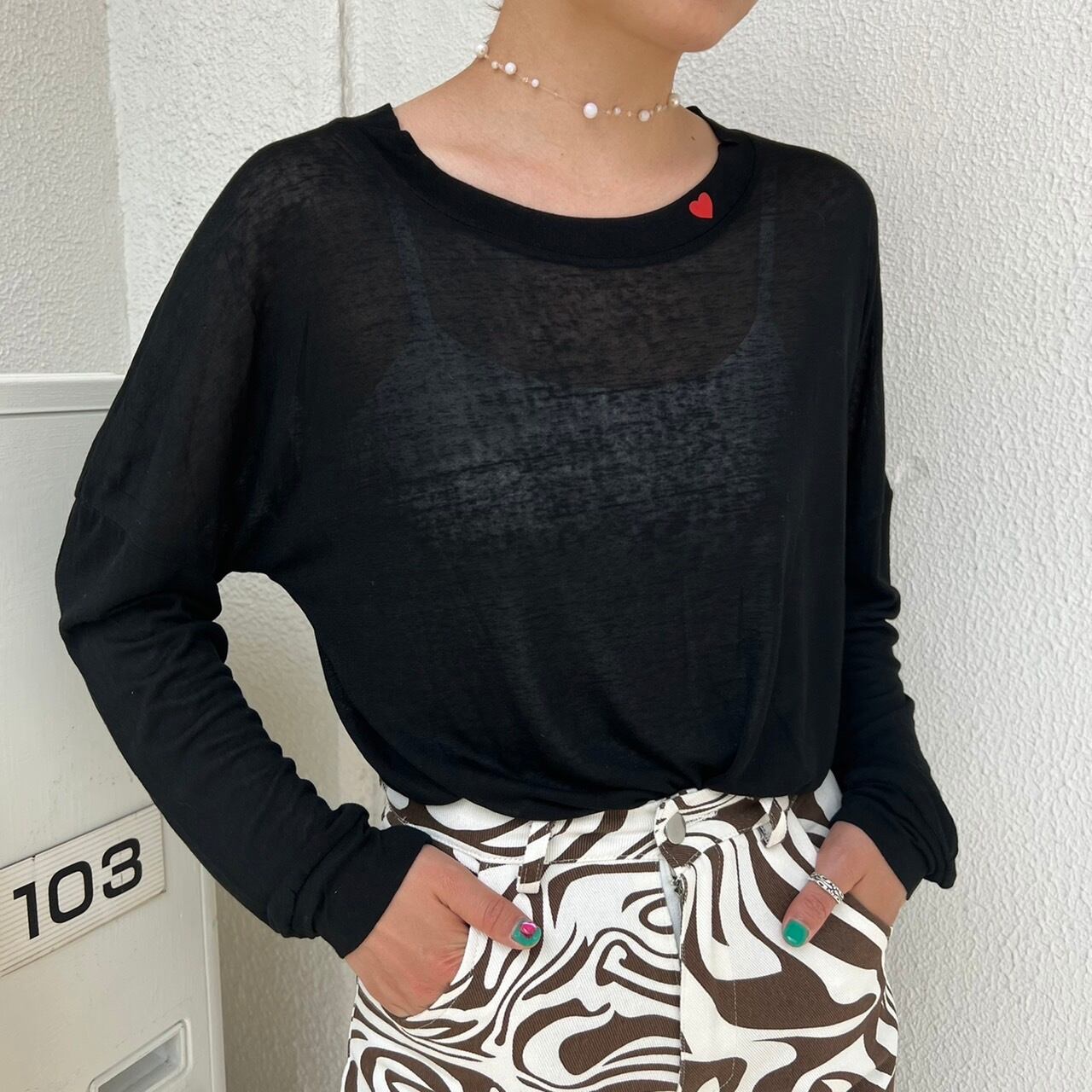 collar heart print sheer tops_LN01114