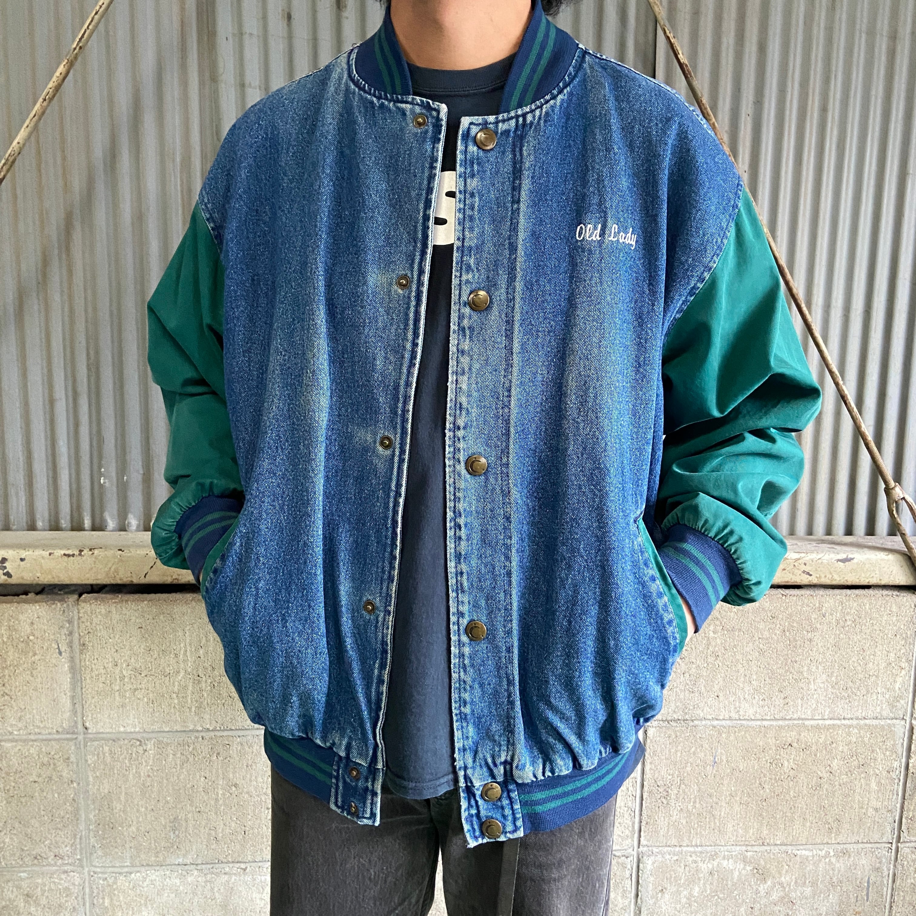 90年代 LUNA PIER ”Old Lady” ワンポイントロゴ刺繍 デニムスタジャン メンズL 古着 デニムジャケット 袖切替 90s