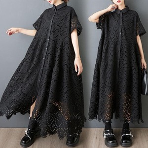 新品大きいサイズゆったり体型カバー総レース刺繍シャツワンピース春秋ロングドレス