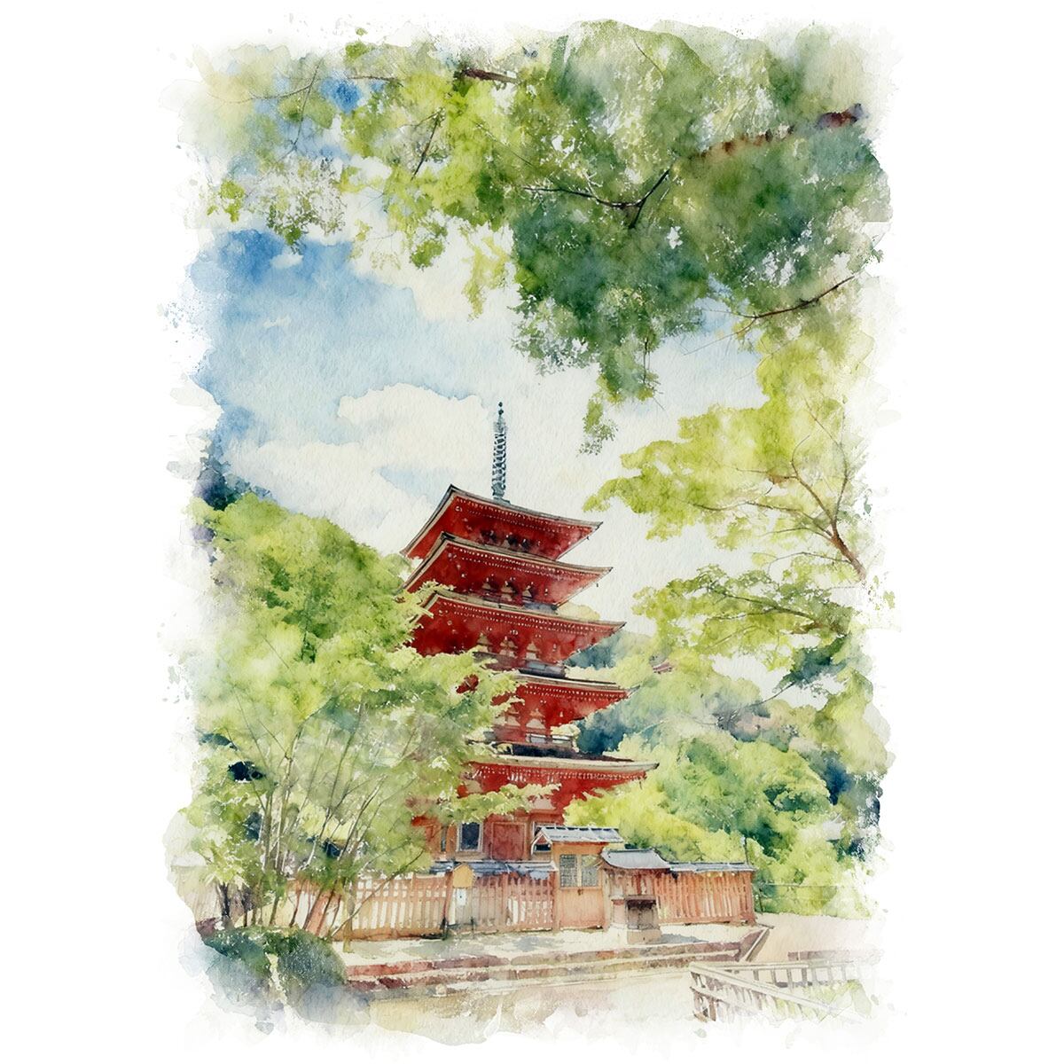 絵画(風景画) 日本 神奈川県 長谷寺のあじさい インテリアアート額付き 水彩画・油絵調 WAT1341