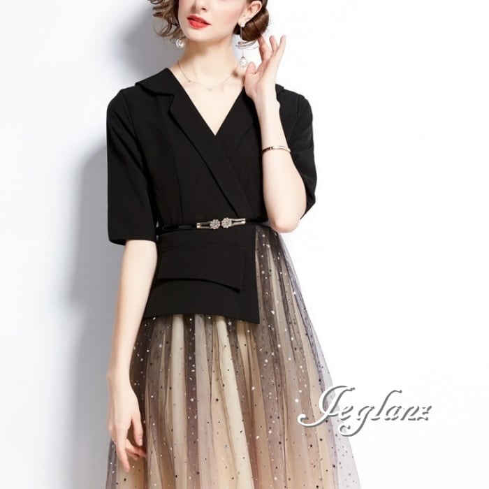 パーティ ドレス ワンピース 異素材 チュール ラメ 光沢感 5分袖 (M9195)ε