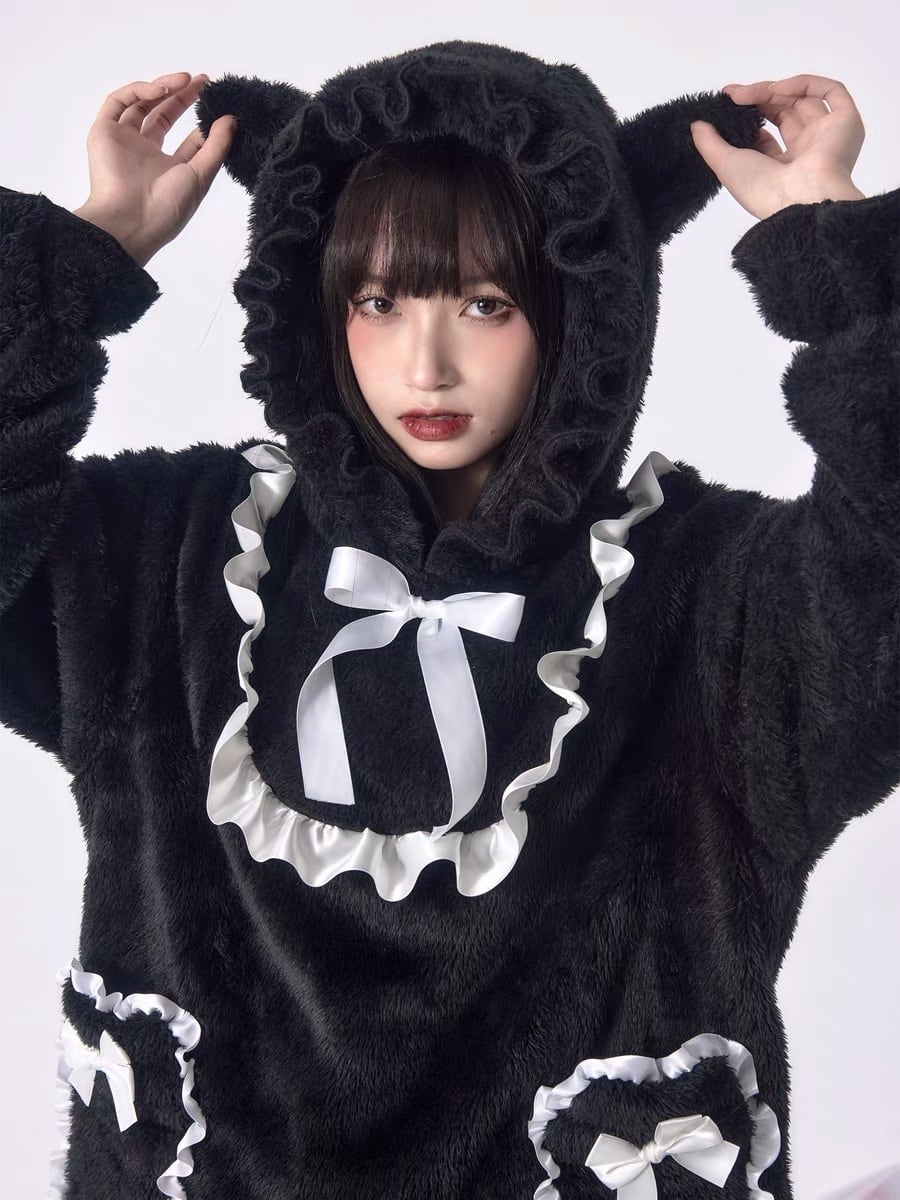黒 猫ちゃん ワンピース リボン パジャマ ルームウェア ポケット