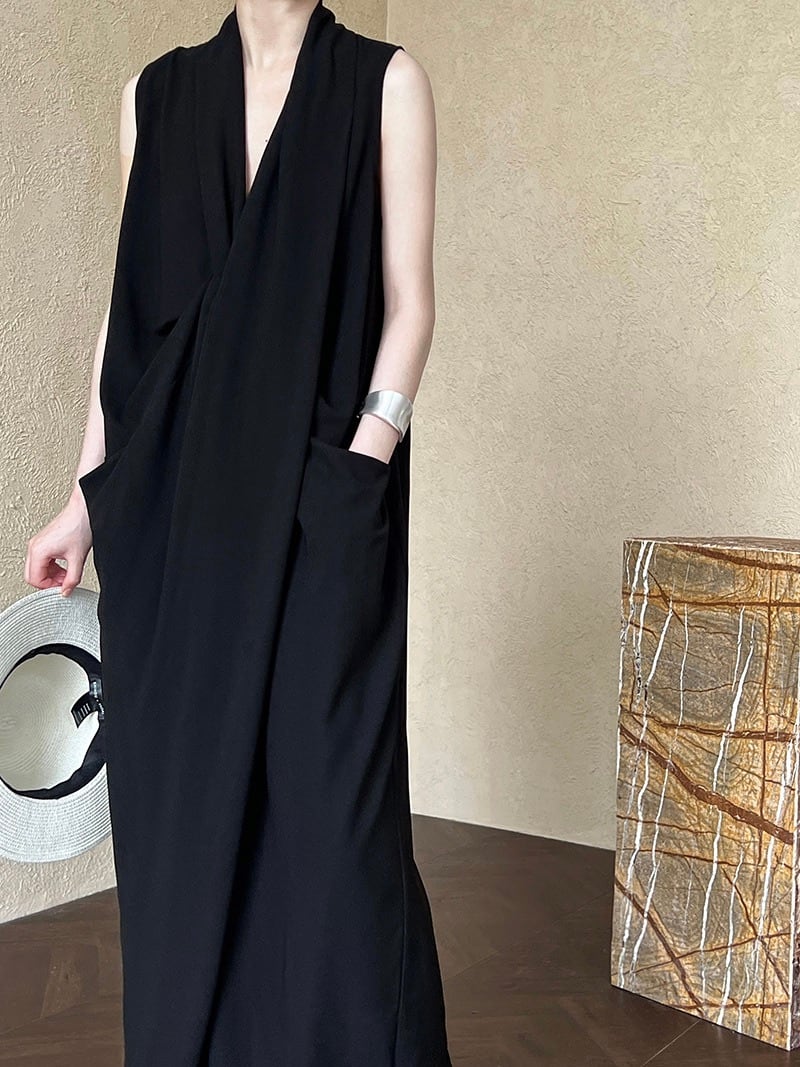 スタイル様 Retro style V-neck sleeveless twisted waist dress 2color [T2378