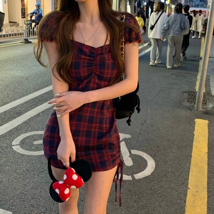 スタンダード格子柄カラードレス サマースリム薄手スカート レトロ 夏物 スクウェア モンロー30703051339