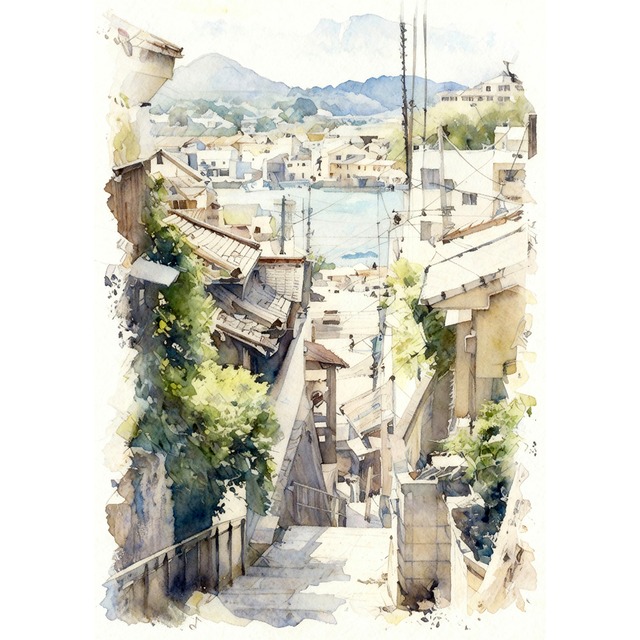 絵画 風景画 日本 広島県 尾道市の風景 インテリアアート額付き 水彩画風 WAT1696