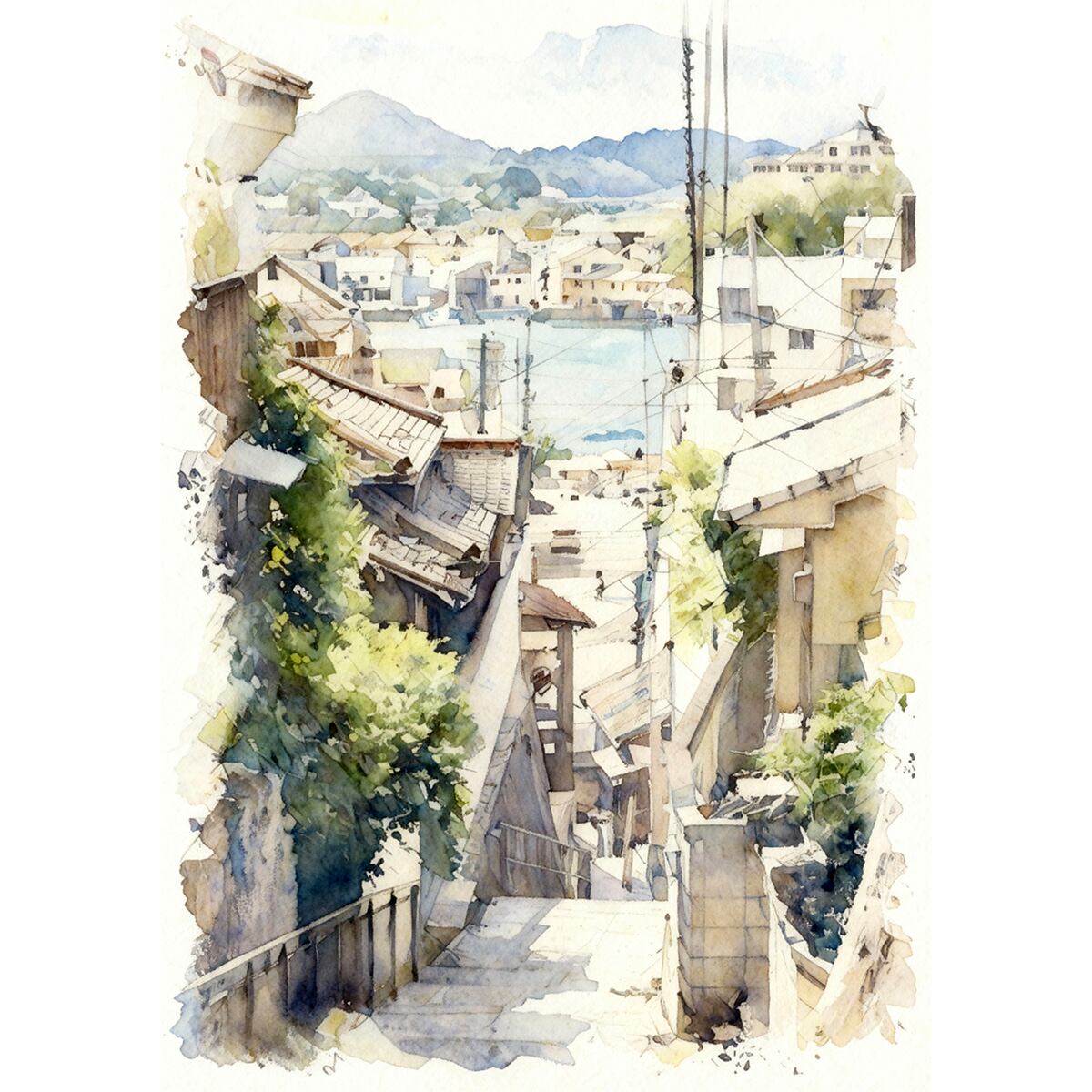絵画 風景画 日本 広島県 尾道市の風景 インテリアアート額付き 水彩画風 WAT1696