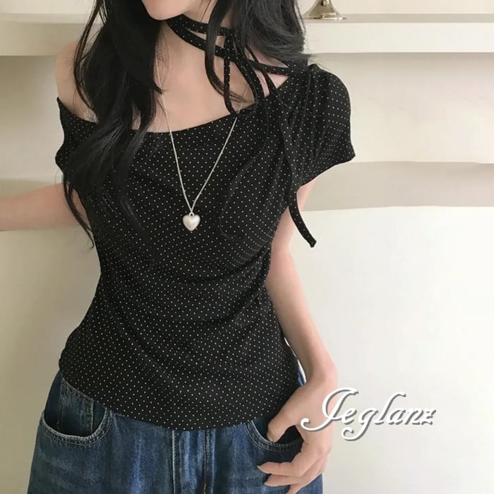 3色 ドット 水玉 アシメ Tシャツ ワンショル 2way スリム(MC820)β