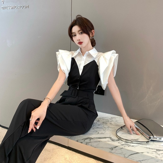 薄手サマーパンツ カラーハイウェストウェストルーズカジュアルジャンプスーツ オールインワン ロング 夏物 Xiaofeijia69539194939