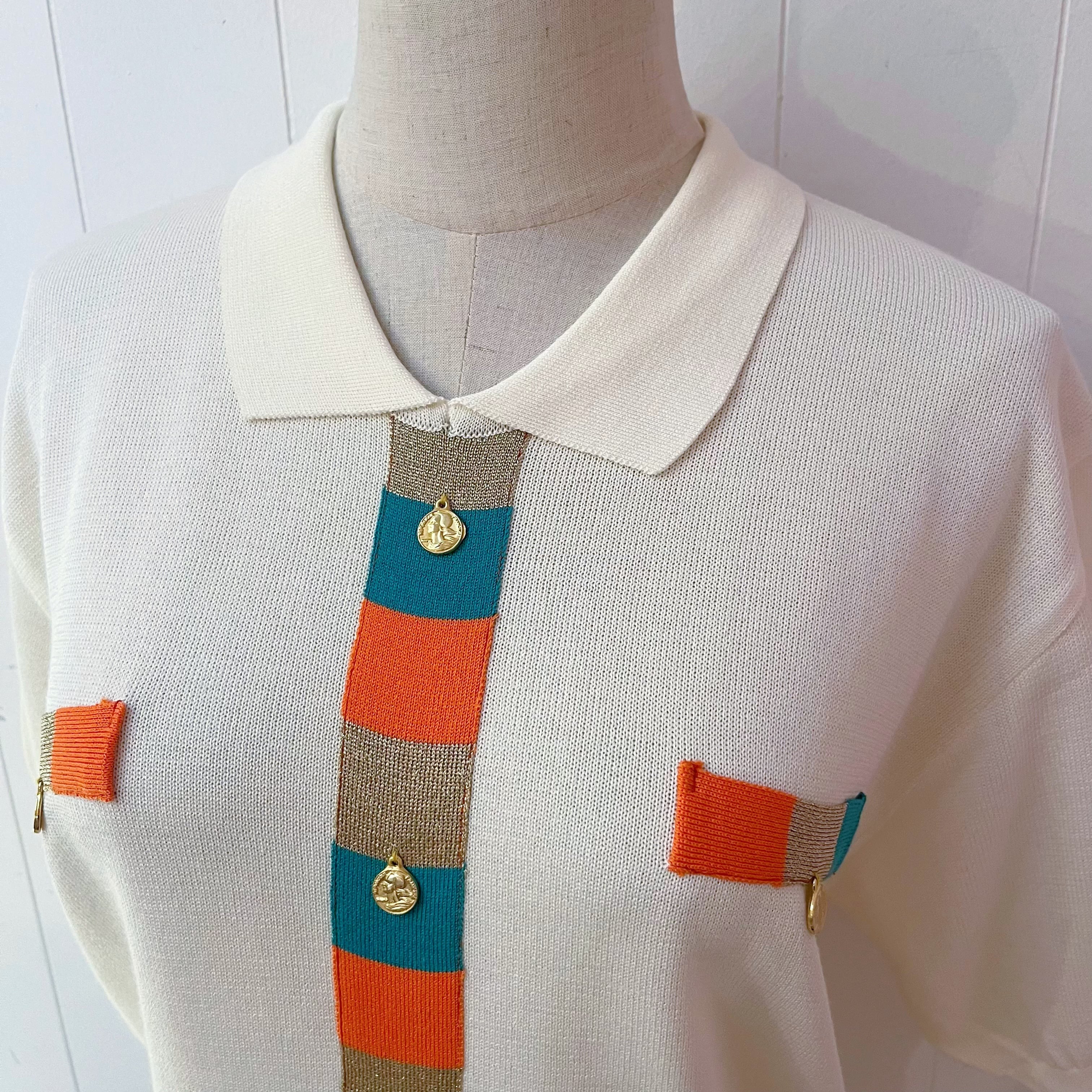 color block coin charm polo knit