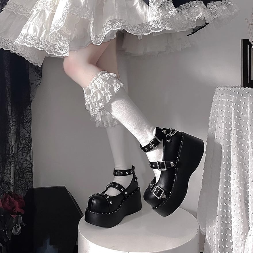 サブカル 服 地雷系 通販 厚底靴 ゴスロリ靴 マフィンシューズ ロリータ ロリパン リベット チェーン PUレザー ヒール高5cm バンギャ