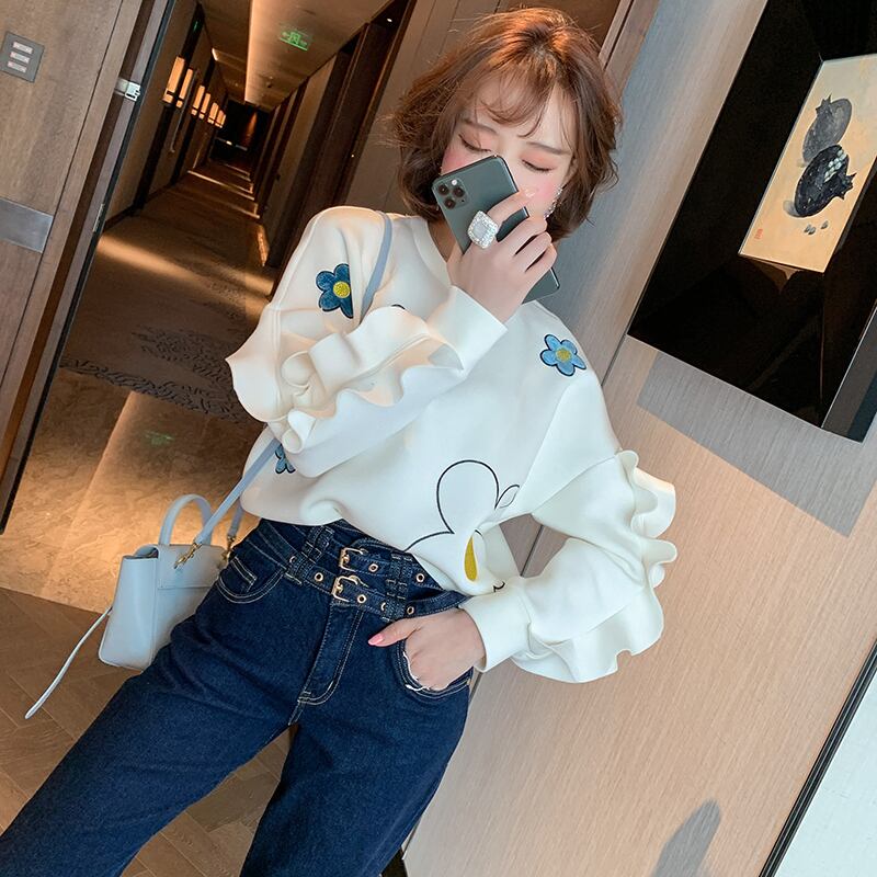 刺繍Flowerデザイン スリーブセーター オータムウィンター 秋物 冬物 フラワーデザイン ステッチ MIUCO53102892046