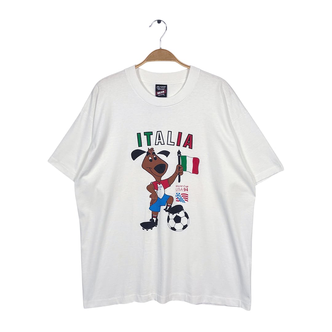 90s FIFA ワールドカップ USA大会 イタリア カナダ製 ヴィンテージ Tシャツ マスコット ストライカー ホワイト シングルステッチ サイズXL フルーツオブザルーム BZ0634