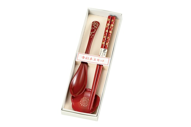 37-3721　箸 スプーンセット 赤　鶴　 Chopsticks & Spoon Set Red Crane