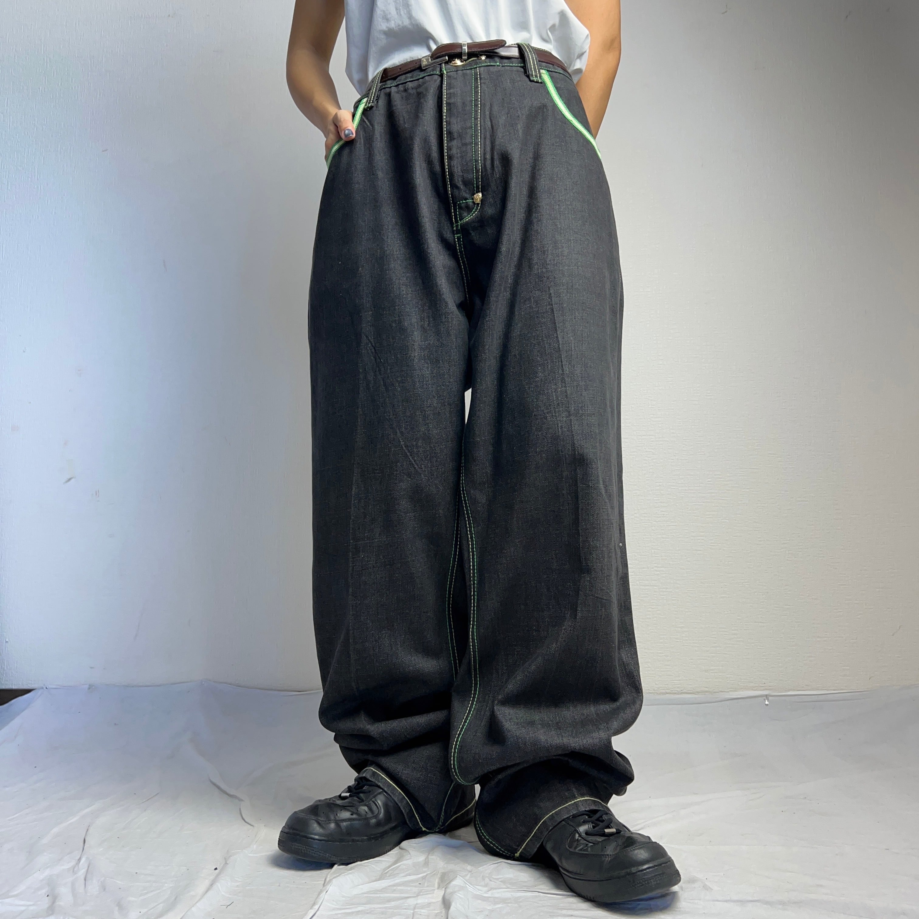 COOGI” BLACK DENIM WIDE PANTS W44 クージー ワイド ブラックデニム